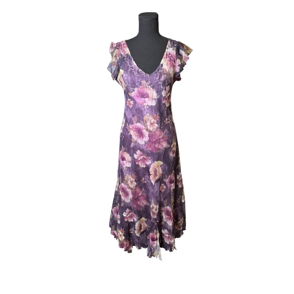 Komarov Floral Pleated Midi Dress Womens M Purple Excellent Flutter Sleeve Vneck